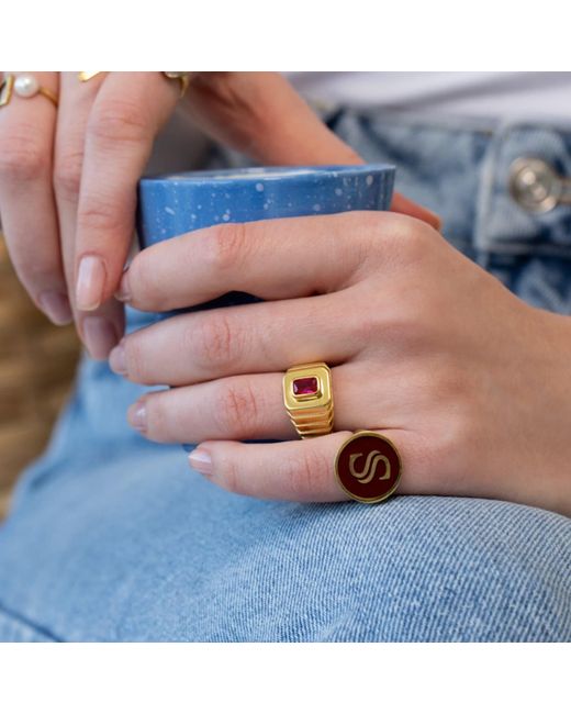 LINYA JEWELLERY Pink Octagon Claret Stone Signet Ring