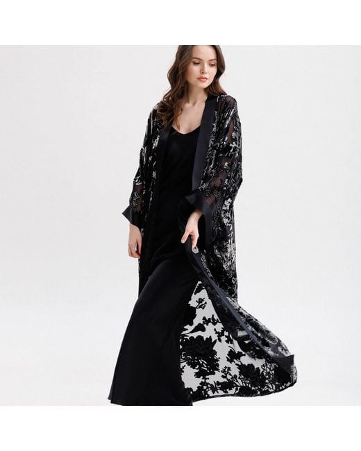 Vimissia Black Long Silk Velvet Kimono Style Robe