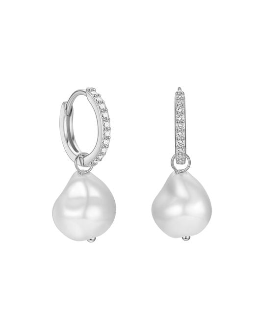 Angel Barocco White Detachable Diamond Huggie Baroque Pearl Earrings