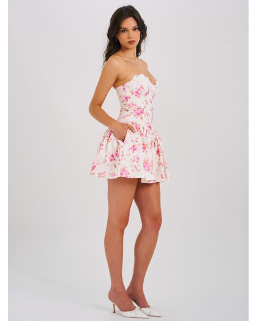 Miss Circle New York Pink Samara Floral Drop Waist Linen Corset Puffy Mini Dress