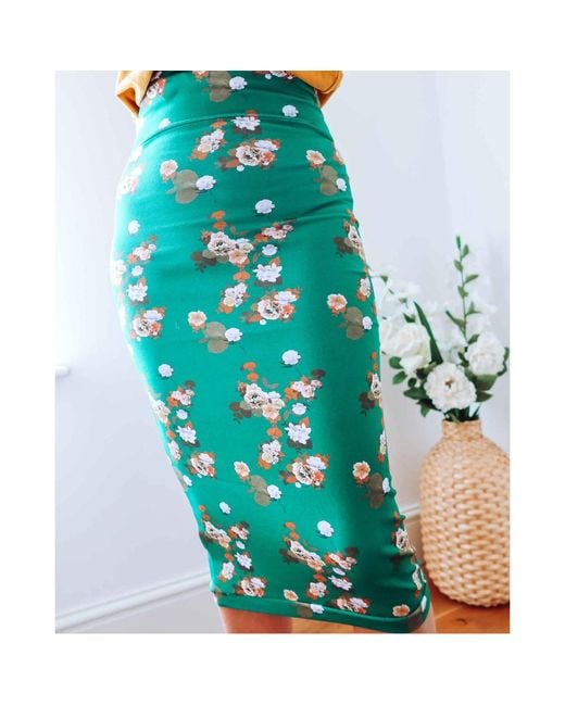 Sophie Cameron Davies Green Floral Midi Jersey Skirt