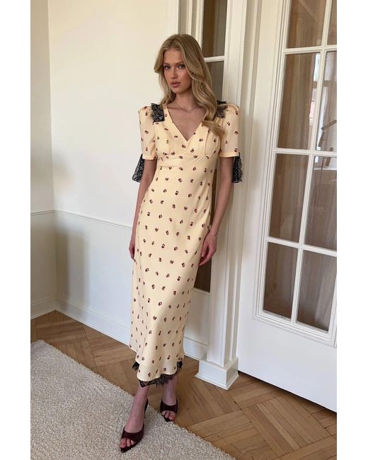 POST MERIDIEM Natural Fitted Lace Midi Dress With Short Sleeves