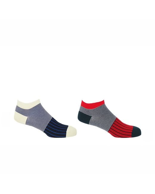 Peper Harow - Made in England Blue Scarlet Oxford Stripe Trainer Socks for men