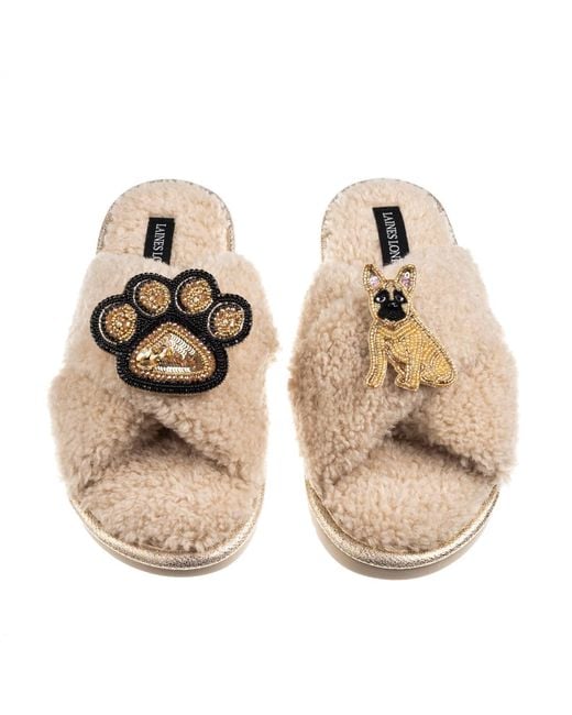 Laines London Natural Neutrals Boucle Slippers With Paw & Fawn Sitting French Bulldog Brooches