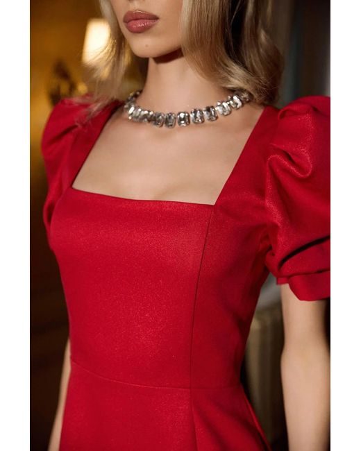 POST MERIDIEM Red Godet Silhouette Square Neck Midi Dress