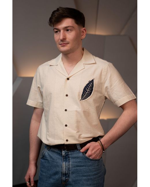 Stovaria Natural Camp Collar Half Sleeve Organic Cotton Shirt With Leaf Appliqué for men