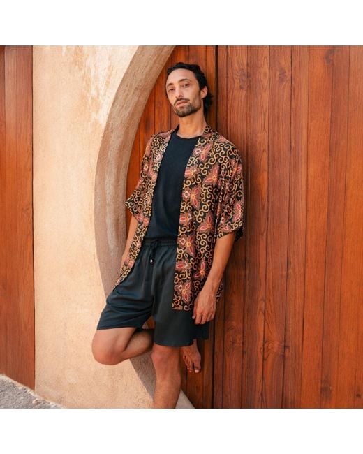 ORIGIN OF HEARTS Brown Reba Floral Summer Festival Satin Kimono Shirt for men