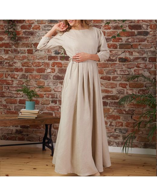 Nikka Place Natural Neutrals Linen Maxi Dress With Bracelet Sleeves And Pockets