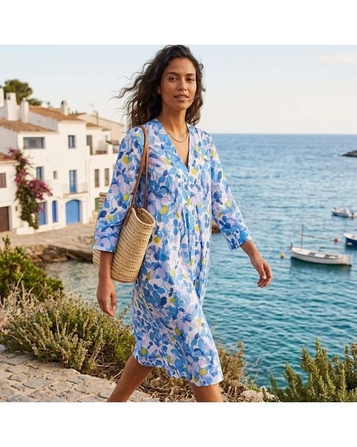 NoLoGo-chic Blue Plum Print Picot Midi Dress Linen Multi