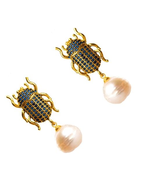 Ebru Jewelry Metallic Egyptian Scarab Sapphire & Pearl Dangle Mystic Earrings