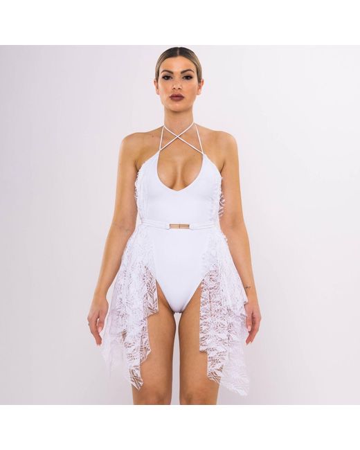 ANTONINIAS White Sumptuous Deep V One-Piece Swimsuit With Side Lace Detail And A Belt