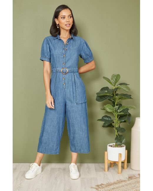 Yumi' Blue Cotton Chambray Button Up Jumpsuit