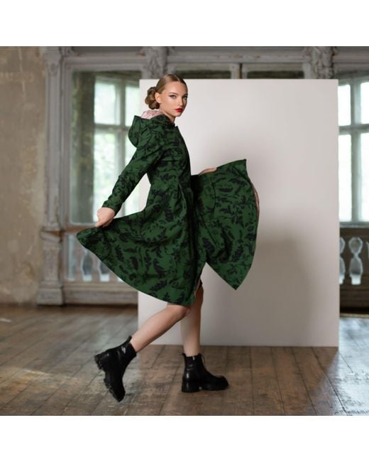 RainSisters Dark Green Hooded Waterproof Coat For Women: Forest Flower