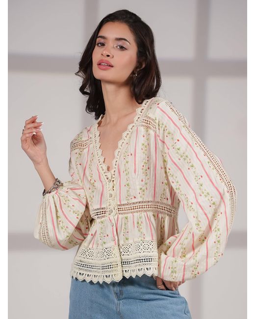 Rose & Nancy Natural Neutrals Ellen Crochet Trim Cotton Blouse