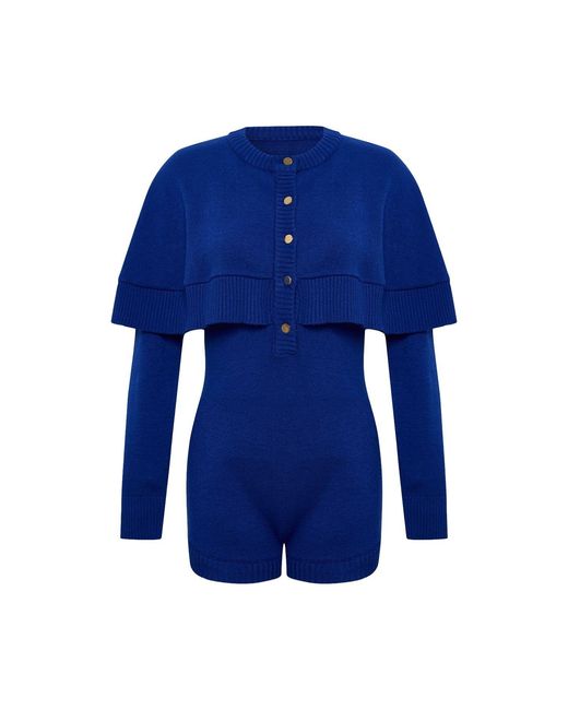 Thisisu Collection Blue Cleo Cape Detail Knit Jumpsuit – Royal