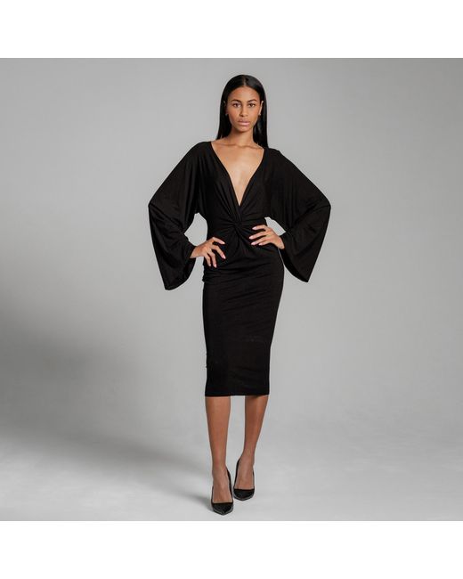 Imaatu Black Eclipse Knot Front Extremely Deep V-Neck Sculpting Elastic Viscose Midi Dress Long Kimono Sleeves