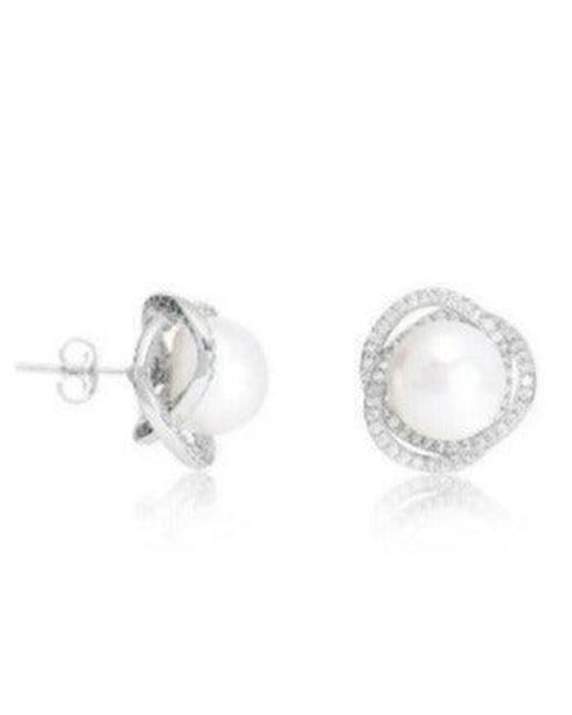 Pearls of the Orient Online Metallic Stella Cultured Freshwater Pearl Stud Earrings With Pave Swirl Surround