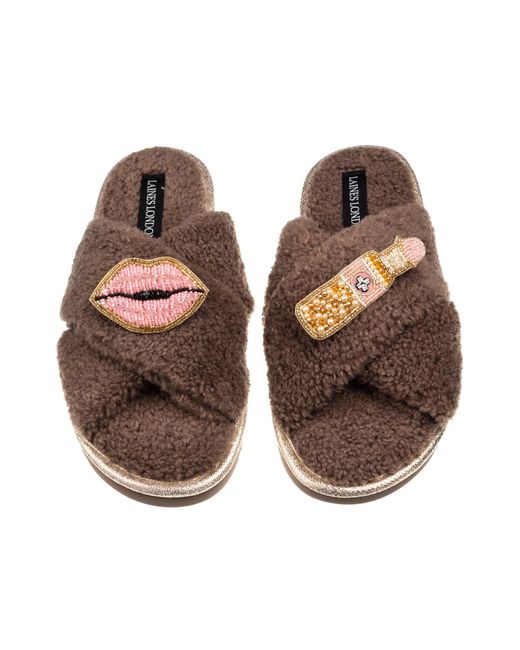 Laines London Brown Neutrals Laines Neutral Boucle Slippers With Lips & Lipstick Brooches