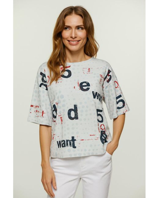 Conquista Blue Oversized Cotton Ripstop Printed T-Shirt With Elbow-Length Sleeves