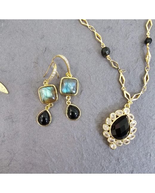 Farra Blue Labradorite With Teardrop Obsidian Earrings