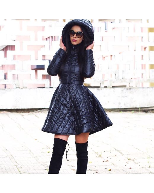 Adrenaline Fashion Blue Short Puffer Coat Quilted Winter Jacket With Hood And Belt Flared Elegant Outerwear