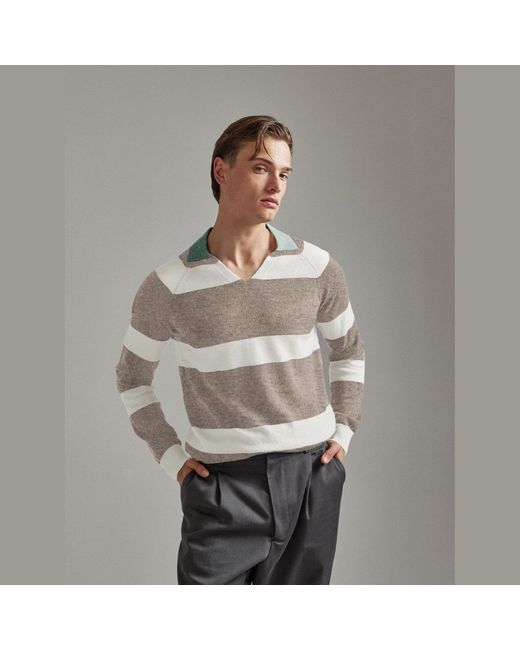Salts Cashmere Gray Split Neck Polo Stripe Sweater