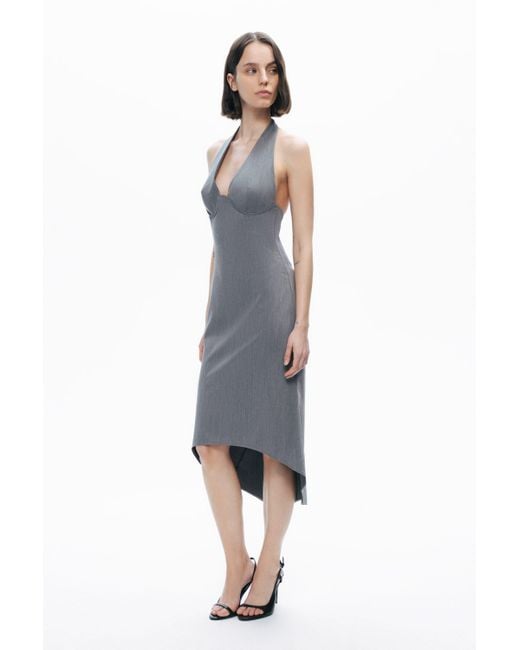 Nocturne Gray Anthracite Tie Neck Asymmetrical Midi Dress