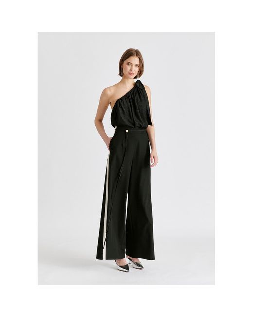 Paisie Black Sparkled One Shoulder Bow Top