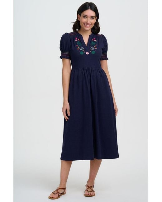 Sugarhill Blue Esme Jersey Midi Dress, Tropic Palm Embroidery