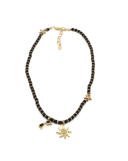 Ebru Jewelry Metallic Vacation Mode Onyx Beaded Sun Necklace