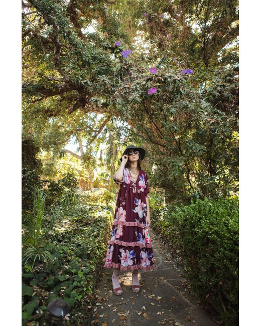 Jennafer Grace Red Plum Rose Velvet Ruffle Maxi Dress