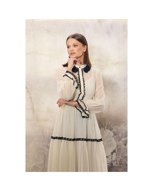 Georgette Natural Neutrals Cream Lace Trim Midi Dress