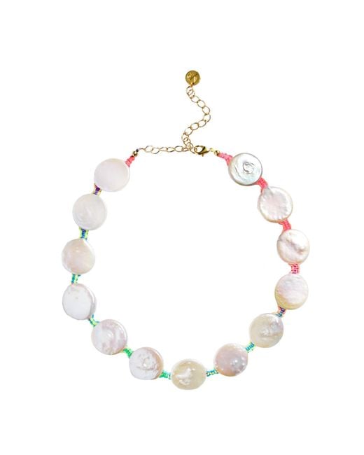 Adriana Pappas Designs Metallic Coin Pearl Choker On Colored Cord