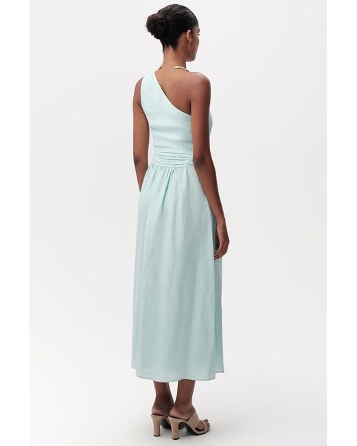 Exquise Blue Burk Elastic Waist Linen Blend Midi Dress
