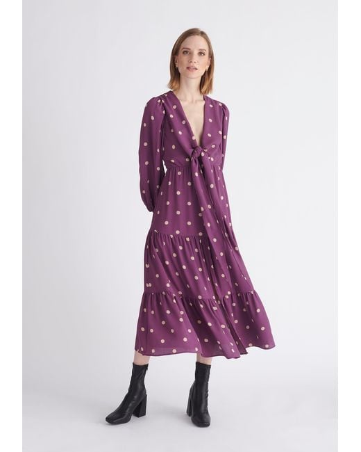 Paisie Purple Tiered Hem Polka Dot Dress