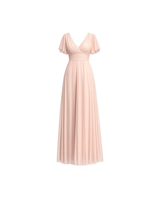 Tantra Spain Sl Pink Neutrals Long Tulle Dress With Short Seeves, Pleats, And A Flared Skirt, With A Tie Belt