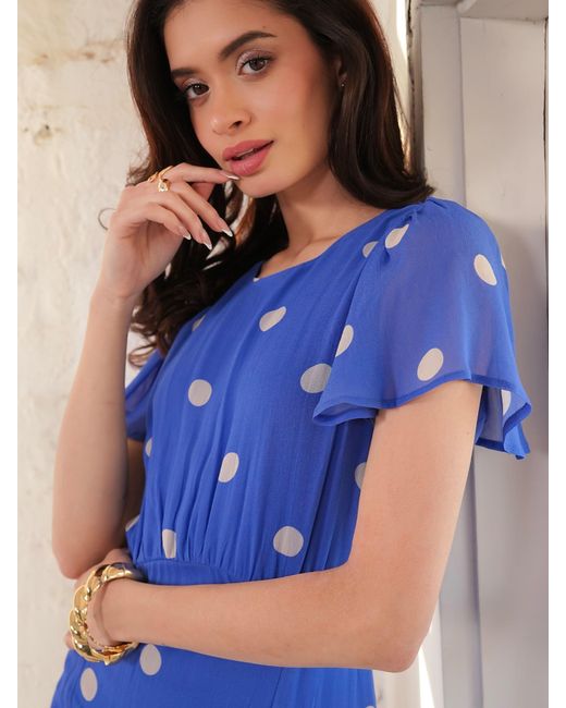 Rose & Nancy Blue Joanna And Polka Dot Print Frill Sleeve Maxi Dress