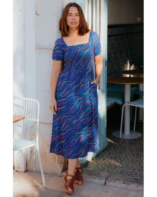Sugarhill Blue Jolene Shirred Midi Dress Bright, Jazz Waves