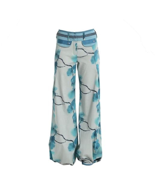 Lalipop Design Blue Stylised Floral Wide-Leg Pants