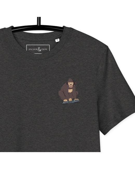 Anchor and Crew Black Heather D J Monkey Organic Cotton Embroidered T-Shirt for men