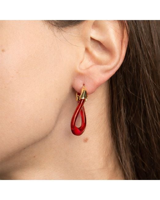 Gold & Honey Red Garnet Curb Link Lucite Birthstone Hoop Earrings