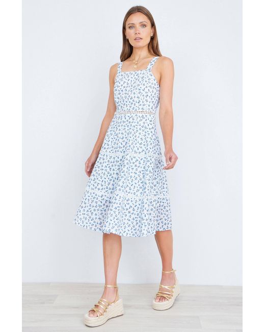 Yumi' Blue Ditsy Floral Cotton Midi Sun Dress With Lace Trims