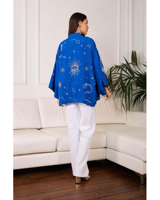 Artemis Muse Blue Cosmos Embroidered Electric, Ivory & Fully Lined Short Kimono