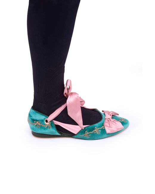 Natalia Petruch Clotilde Velvet Embroidered Flats With Silk Bow & Straps