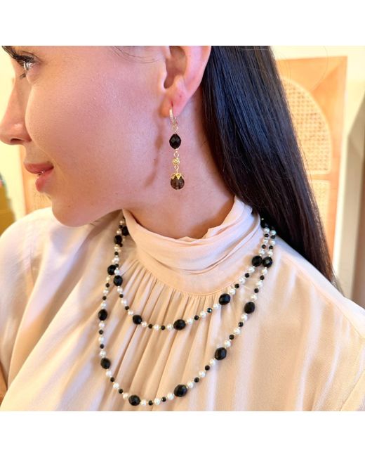 Farra Black Romantic Style Oval Obsidian With Freshwater Pearl Long Necklace