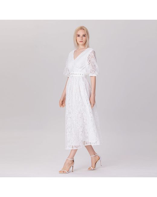 Smart and Joy White All-Lace Puffy Sleeves Dress With Belt