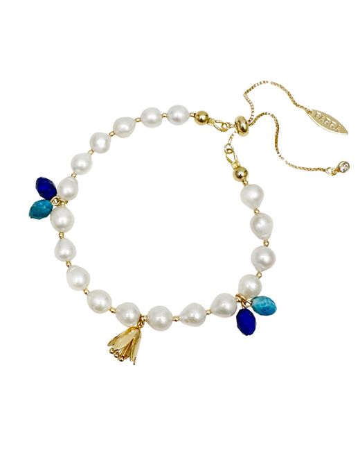 Farra Metallic Freshwater Pearls With Blue Gemstone And Flower Charms Bracelet