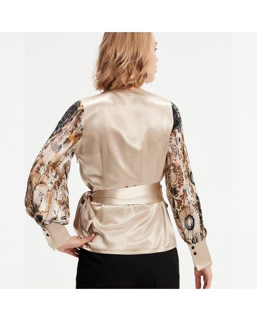 Smart and Joy Natural Neutrals Cross Heart Top With Floral Print Sleeves