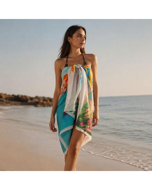 DHARA SHETH DUBAI Blue Mediterranean Escape Resort Halter-Style Cotton Sarong