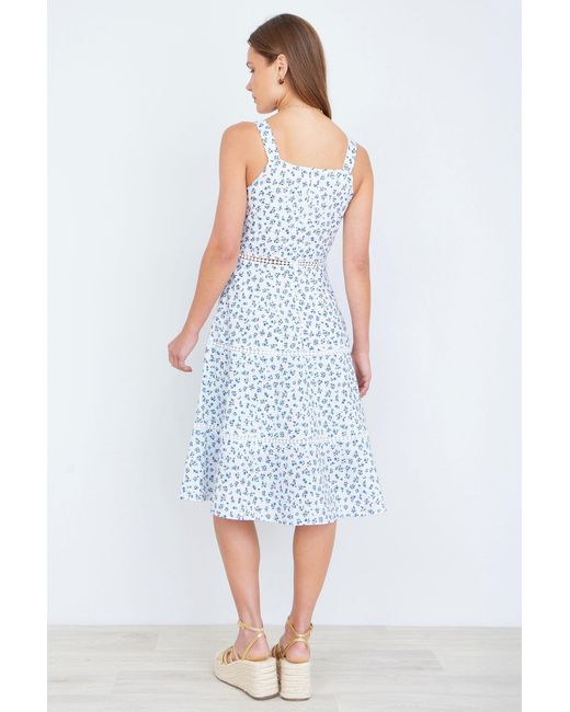 Yumi' Blue Ditsy Floral Cotton Midi Sun Dress With Lace Trims